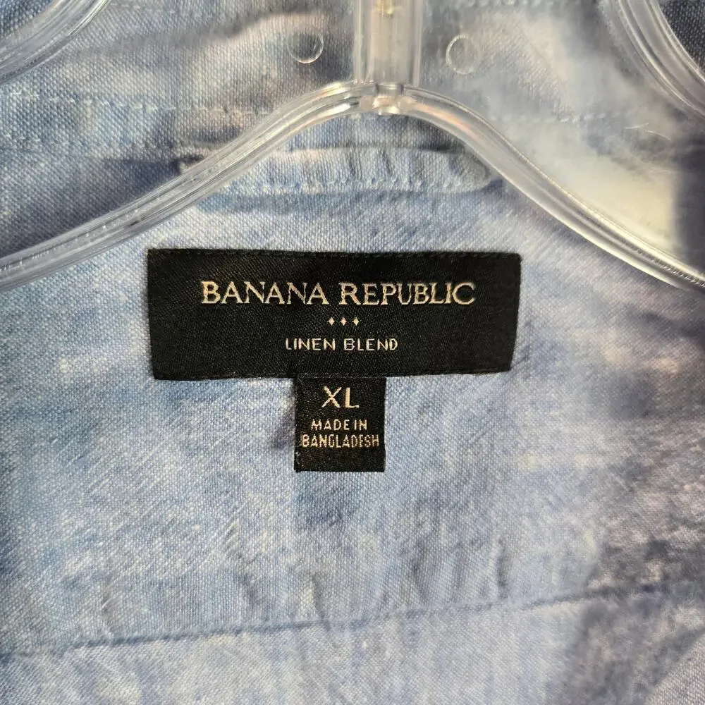 Banana Republic Linen Blend Short Sleeve‎ Casual Button Down Shirt Blue XL